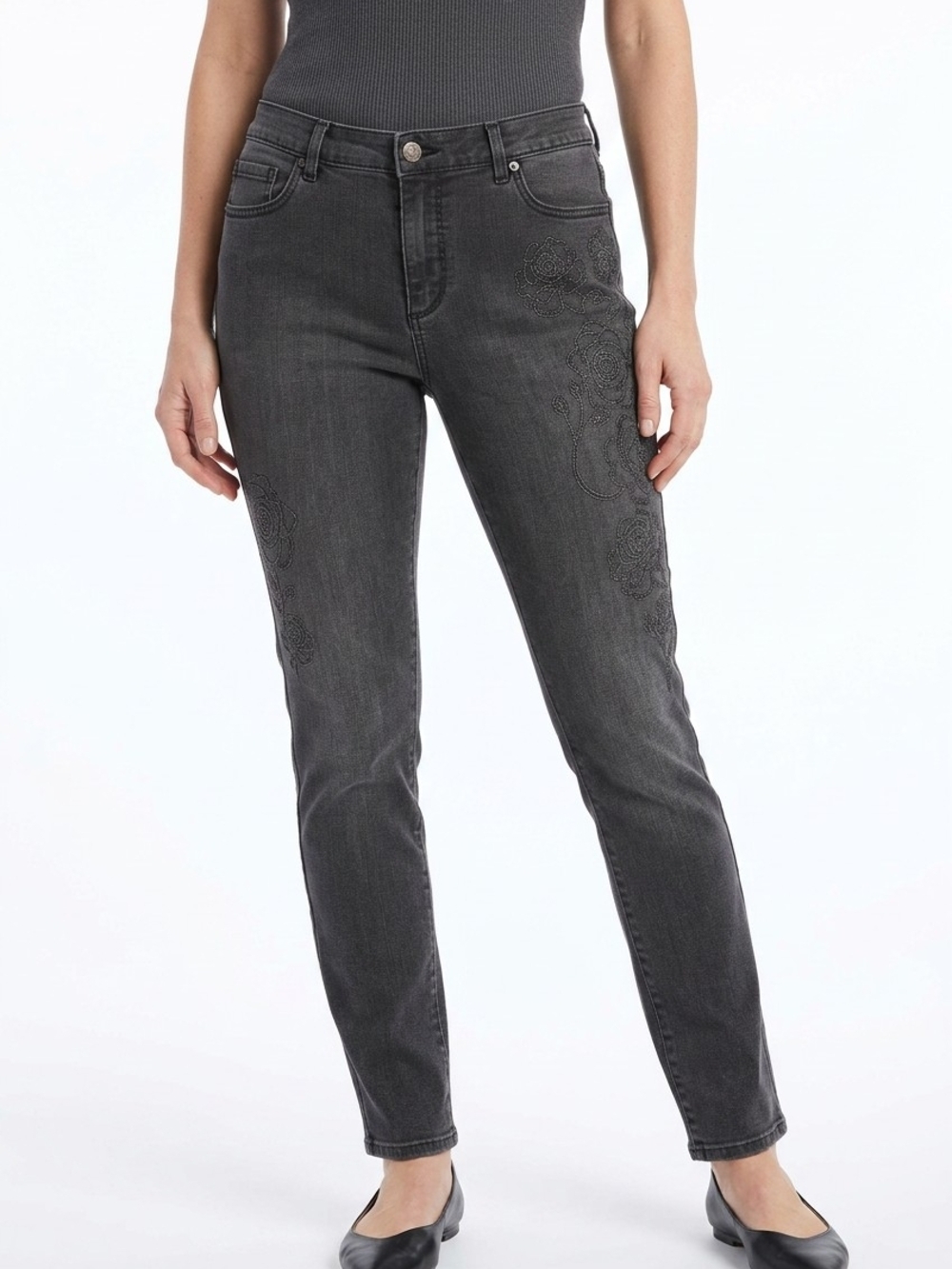 Gloria Vanderbilt Dark Gray Tapered Leg Jeans with Subtle Embroidery
